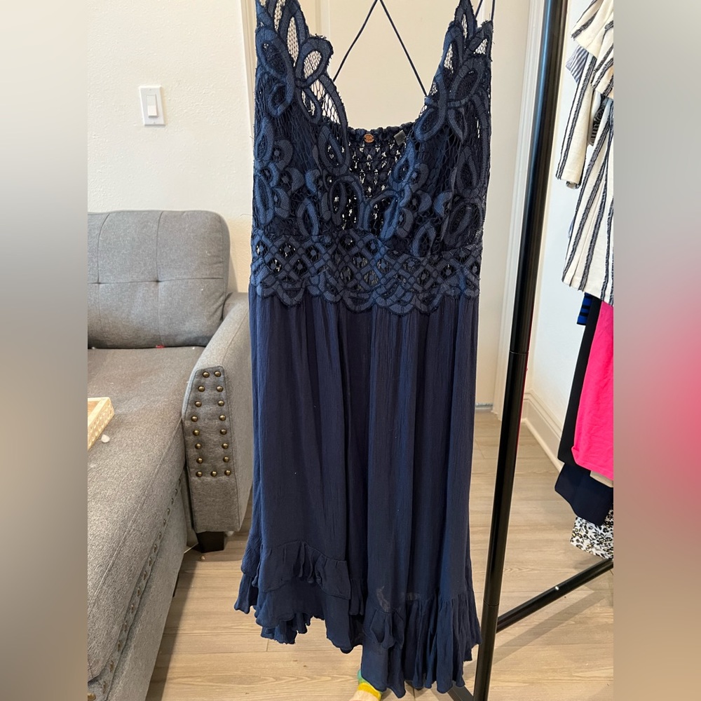 Wore one time.   Free people Adella slip dress.    Navy blue.
